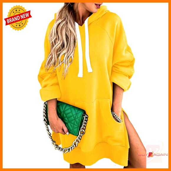 Oversized Hoodie Dress Split Hem Drawstring Casual Pullover Long Sleeve